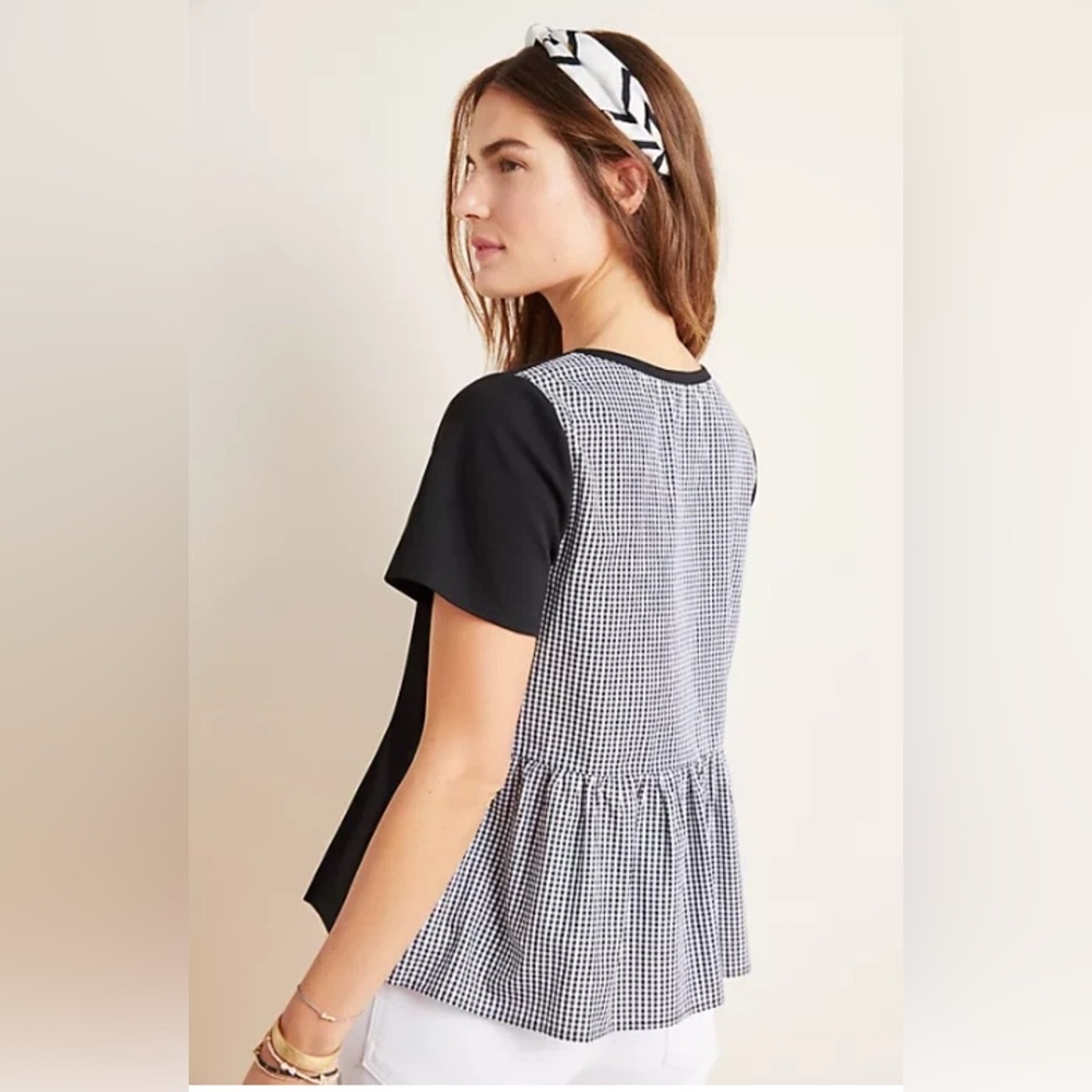 Eri + Ali Gingham Back Peplum Top Black Tee‎ Anthropologie XS